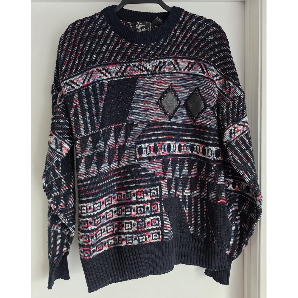 VTG Alan Stuart Men's M Geometric Pullover Sweater Multicolor Long Sleeve Retro